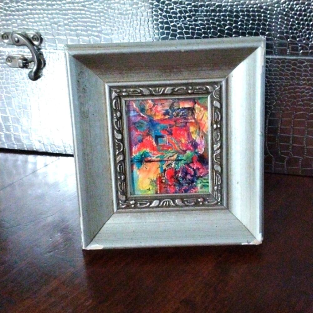 VTG Small Art Frame Decor Wooden‎ Silver 5" Traditional Tabletop Colorful Arsty